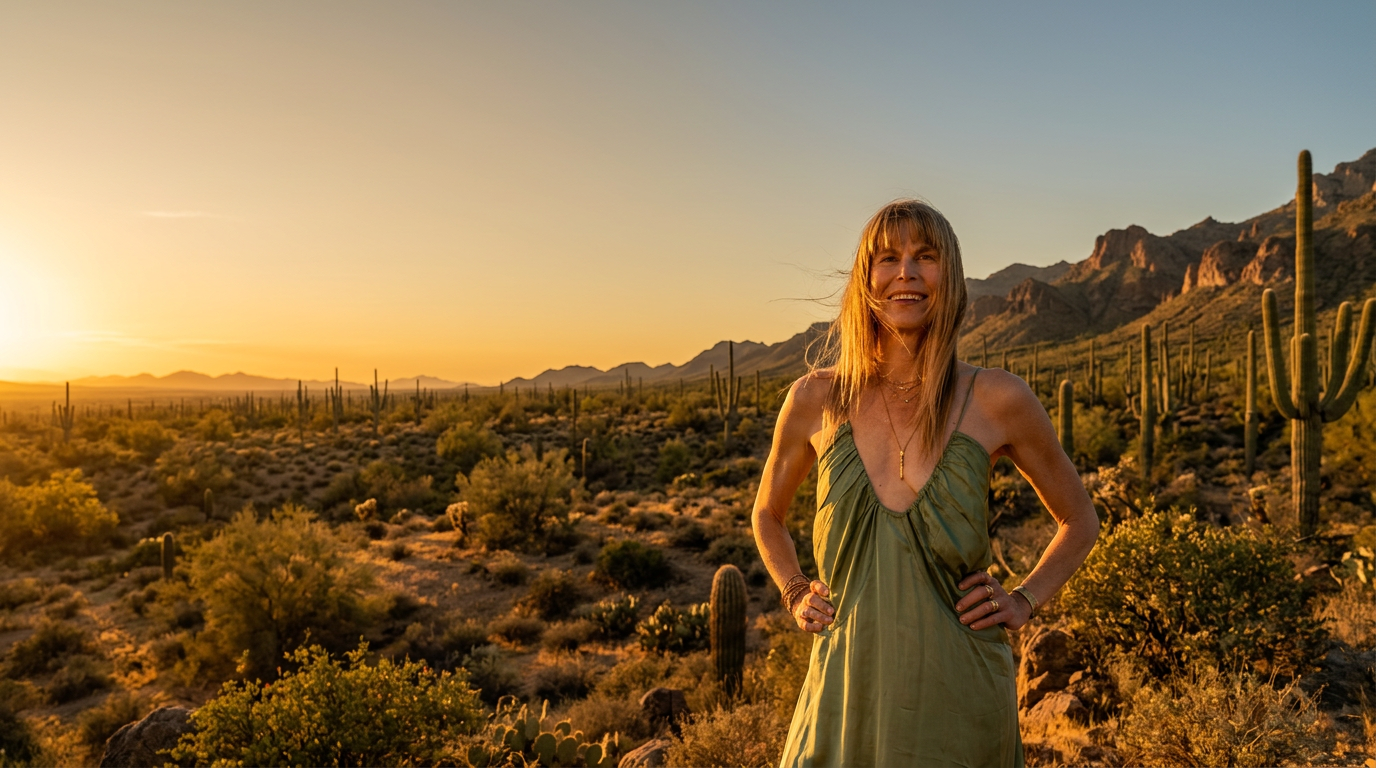 Kristy Scher smiling in the Sonoran desert at golden hour